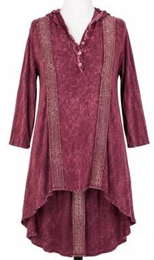 Basil Lola Hooded Mineral Wash Tunic Top Crochet Hi Low Henley Boho Burgundy M